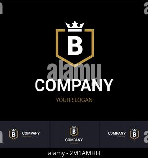 Illustration of Shield Badge-Shape with letter B in the Middle and Luxury Crown. Logo Icon Template for Web and Business Card, Letter Logo Template on Stock Vector