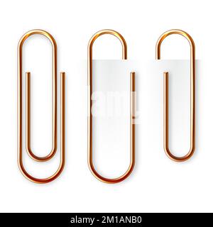 Realistic copper paperclip attached to paper isolated on white ...