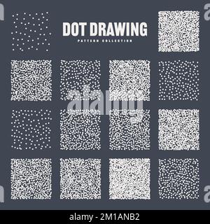 Square shaped dotted objects, stipple elements. Stippling, dotwork drawing, shading using dots. Pixel disintegration, halftone effect. White noise Stock Vector