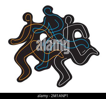 Running race, marathon,jogging, line art stylized. Stylized illustration of three running racers.Continuous line drawing design with black silhouettes Stock Vector