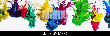 Panoramic illustration of various colors paint splash underwater Stock Photo