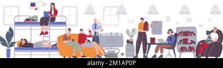Student hostel. Students accommodation in university apartment, roommate studying laptop or rest sitting on bed college dorm, academic vacation, vector illustration of accommodation student in hostel Stock Vector