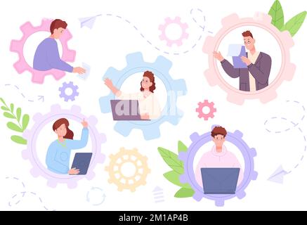 Dedicated developers. People enterprise dedication, mechanical gear teamwork communication, curiosity professional development managers effort working concept vector illustration of dedicated people Stock Vector