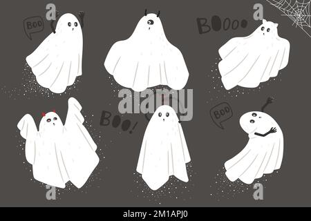 Set of cute cloth Ghosts with cartoon scary, spooky and funny faces. Collection of magic flying Phantoms. Creepy boo characters for kids. Halloween symbol vector illustration of ghost spooky