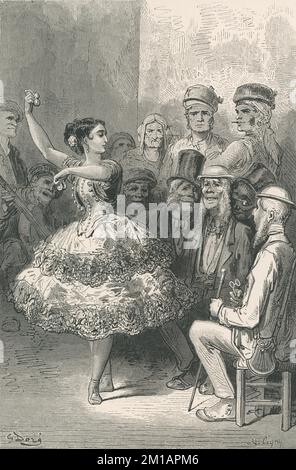 Girl dancing the flamenco in front of a group of men. A dance school at Sevilla - Picture from the book Spain, published in 1874. Drawings by Gustave Dore (1832-1883) Stock Photo