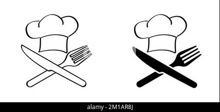 Plate, fork and knife icon. Cartoon chef cap symbol. Kitchen cook or ...