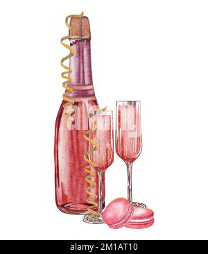 watercolor champagne. Bottle of Rose vine and a glass isolated on white background. Hand drawn original watercolor illustration pink sparkling wine a Stock Photo