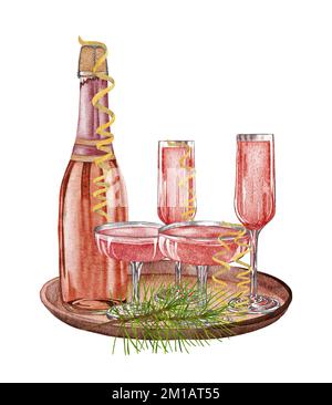 watercolor champagne. Bottle of Rose vine and a glass isolated on white background. Hand drawn original watercolor illustration pink sparkling wine a Stock Photo