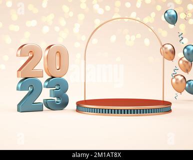 2023 product stand podium with metallic numbers and balloons for product display in 3D illustration. Happy new year banner concept Stock Photo