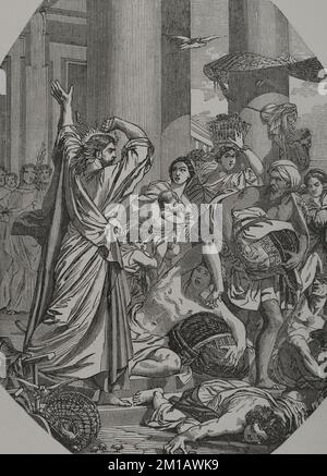 New Testament. Traders are expelled fromt the Temple. Engraving. 'Los Héroes y las Grandezas de la Tierra' .Volume I. 1854. Stock Photo
