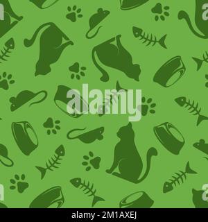 Green seamless pattern with cats, paws, fish bones, mice, and bowls. Vector illustration Stock Vector