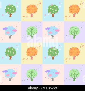 Seamless pattern pastel colors. Seasons four trees at different times of year Stock Vector