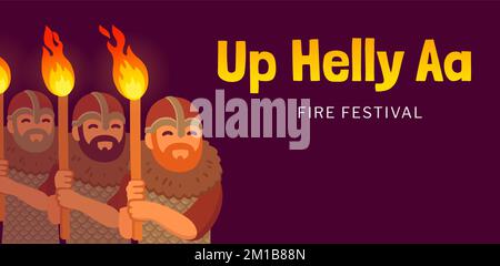 Up Helly Aa fire festival banner. Procession of costumed vikings with torches, cartoon vector illustration. Stock Vector