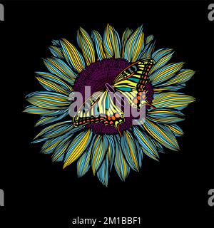 Graphic object sunflower with butterflies. Vector illustration Stock Vector