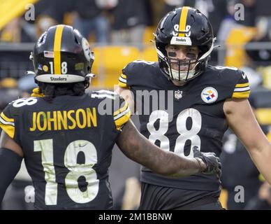 Pittsburgh Steelers tight end Pat Freiermuth (88) celebrates his touchdown with Pittsburgh Steelers wide receiver Diontae Johnson (18) in the fourth quarter of the 16-14 Baltimore Ravens win at Acrisure Stadium on Sunday, December 11, 2022 in Pittsburgh.  Photo by Archie Carpenter/UPI Stock Photo