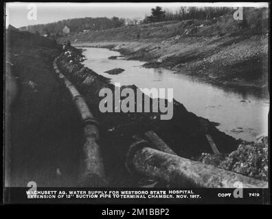 Wachusett Department, Wachusett Aqueduct, water supply for Westborough State Hospital, extension of 12-inch suction pipe to Terminal Chamber; 'copy'; Westborough, through Northborough, to Marlborough, Marlborough, Mass., Nov. 1917 , waterworks, pipes conduits, construction sites Stock Photo