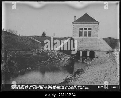 Wachusett Department, Wachusett Aqueduct, water supply for Westborough State Hospital, extension of 12-inch suction pipe to Terminal Chamber; 'copy'; Westborough, through Northborough, to Marlborough, Marlborough, Mass., Nov. 1917 , waterworks, pipes conduits, construction sites Stock Photo