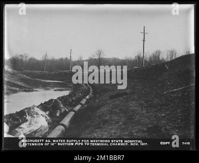 Wachusett Department, Wachusett Aqueduct, water supply for Westborough State Hospital, extension of 12-inch suction pipe to Terminal Chamber; 'copy'; Westborough, through Northborough, to Marlborough, Marlborough, Mass., Nov. 1917 , waterworks, pipes conduits, construction sites Stock Photo