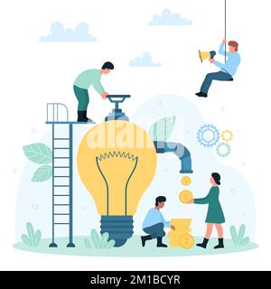 Business idea monetization vector illustration. Cartoon tiny people monetize creative project, characters making money, dollar coins flow through pipeline to pay for success invention of author Stock Vector