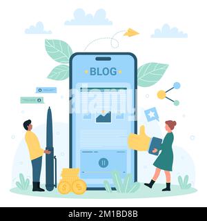 Sponsored blogging, website monetization vector illustration. Cartoon tiny follower holding thumbs up, blogger with pen to develop and monetize blog content on mobile phone screen, earn money online Stock Vector