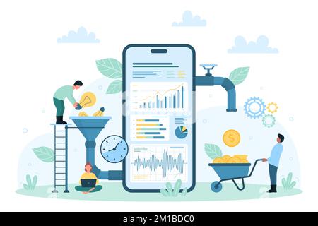 Funnel of innovation business ideas for profit vector illustration. Cartoon tiny people earn money online, throw light bulbs into funnel connecting to mobile phone with financial charts on screen Stock Vector