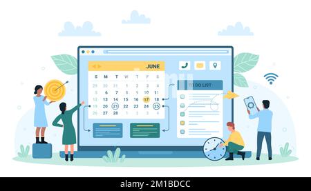 Effective time management vector illustration. Cartoon tiny people work with settings of calendar app and to do list on laptop screen, managers plan corporate meetings, business training events Stock Vector
