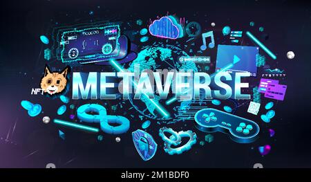 Metaverse concept and virtual world elements. Simulation of the world in virtual reality Stock Vector