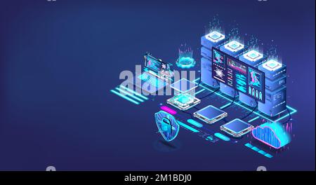 Data Processing Center and Cloud Storage. Isometric digital storage Stock Vector