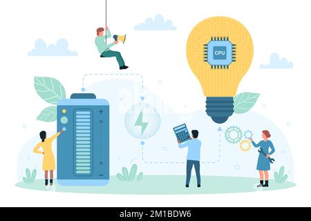 Green energy technology and innovation, electricity vector illustration. Cartoon tiny people work with system of simple electric circuit, wires connect big light bulb with CPU inside and battery Stock Vector