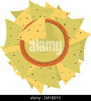 Traditional guacamole sauce in green shades in bowl on pile of colorful corn chips nachos in cartoon style. Mexican food. Sticker. Icon. Isolate. Good for banner, logo, cards, invitation, label. EPS Stock Vector