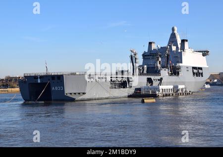 HNLMS Karel Doorman a Dutch Navy fleet auxiliary support vessel moored at Greenwich. Stock Photo