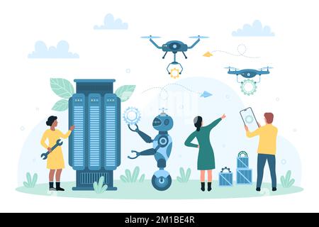 Robot and people partnership, cooperation vector illustration. Cartoon tiny employees work together with robot on smart digital systems and computers, futuristic drones delivering gears to workers Stock Vector