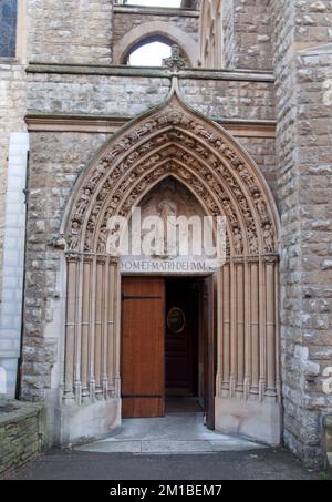 Entrance, Farm Street Church (Church of the Immaculate Conception), Mayfair, Westminster, London, UK - Jesuit Catholic Church Stock Photo