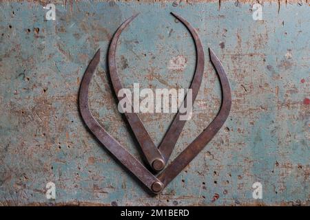 Metal woodworking compasses flat lay on a rustic suface shaped like a tulip top view Stock Photo