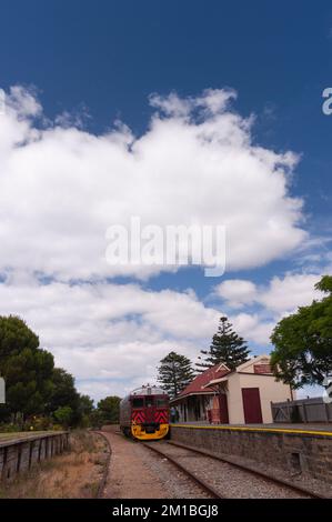 Port Elliot Historic Railway and Seaport Display building, with a the historic Cockle Train departing for Victor Harbour. Stock Photo