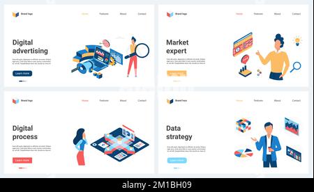 Digital advertising, expert services market, SEO and business strategy set vector illustration. Cartoon tiny people work with magnifying glass and megaphone on advertisement and data processing Stock Vector
