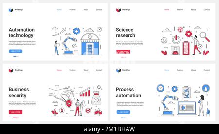 Automation technology, laboratory science research, business security thin line set vector illustration. Cartoon tiny people work with machines and robots for factory production, protect digital data Stock Vector