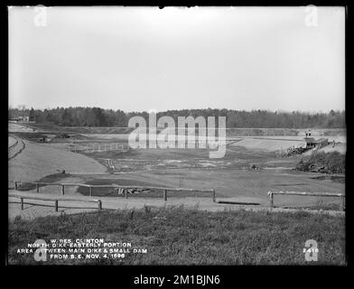 Wachusett Reservoir, North Dike, easterly portion, area between main dike and small dam in Coachlace Pond, from the southeast, Clinton, Mass., Nov. 4, 1898 , waterworks, reservoirs water distribution structures, construction sites Stock Photo