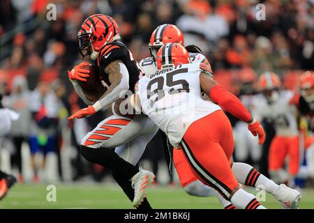 Cleveland Browns defensive tackle Taven Bryan (99) stands on the field  during an NFL football game against the Cincinnati Bengals, Sunday, Dec.  11, 2022, in Cincinnati. Cincinnati won 23-10. (AP Photo/Aaron Doster