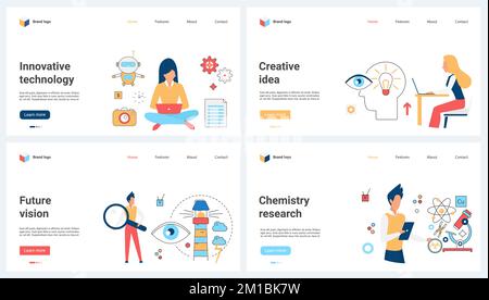 Innovative research in chemistry, creative idea, vision and technology of future set vector illustration. Cartoon tiny scientists work with laboratory microscope and robot, project engineering Stock Vector
