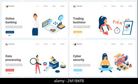 Online banking and account financial data processing, trading and cyber security set vector illustration. Cartoon tiny people work with secure chart information of digital systems and services Stock Vector