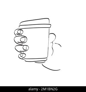 line art closeup hand holding takeaway hot coffee cup illustration vector hand drawn isolated on white background Stock Vector
