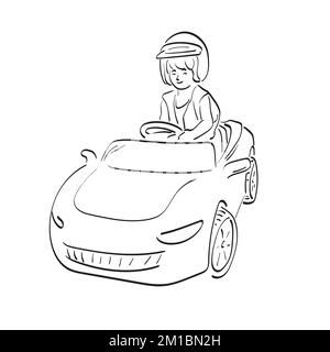 line art boy with helmet playing car toy illustration vector hand drawn isolated on white background Stock Vector
