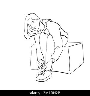 line art fitness woman tying shoelaces illustration vector hand drawn isolated on white background Stock Vector