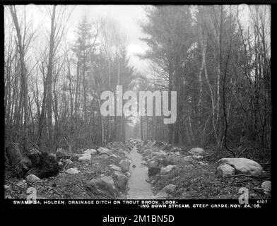 Wachusett Reservoir, Swamp No. 54, drainage ditch, on Trout Brook, looking downstream, steep grade, Holden, Mass., Nov. 24, 1906 , waterworks, reservoirs water distribution structures, swamps, brooks, watershed sanitary improvement Stock Photo