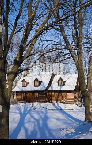 Old 1800s two story Canadiana cottage style log home framed through trees in winter. Stock Photo