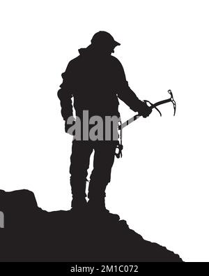 black silhouette of climber with ice axe in hand on white background, vector illustration Stock Vector