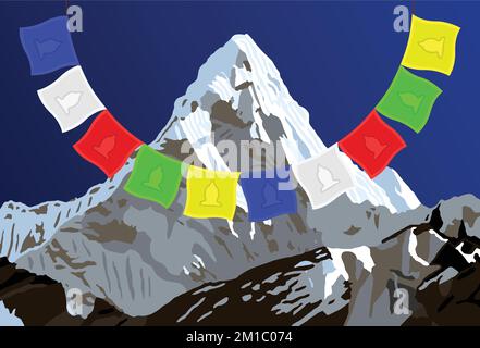 Mount Ama Dablam with prayer flags on blue sky background, Nepal Himalayas mountains, vector illustration logo Stock Vector
