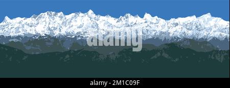 Great Himalayan range, Himalayas mountains vector illustration, snowcapped white and blue colored mountain Stock Vector