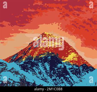 mount Everest as seen from Kala Patthar evening sunset view, vector illustration logo, Mt Everest 8,848 m, Nepal Himalaya mountain Stock Vector